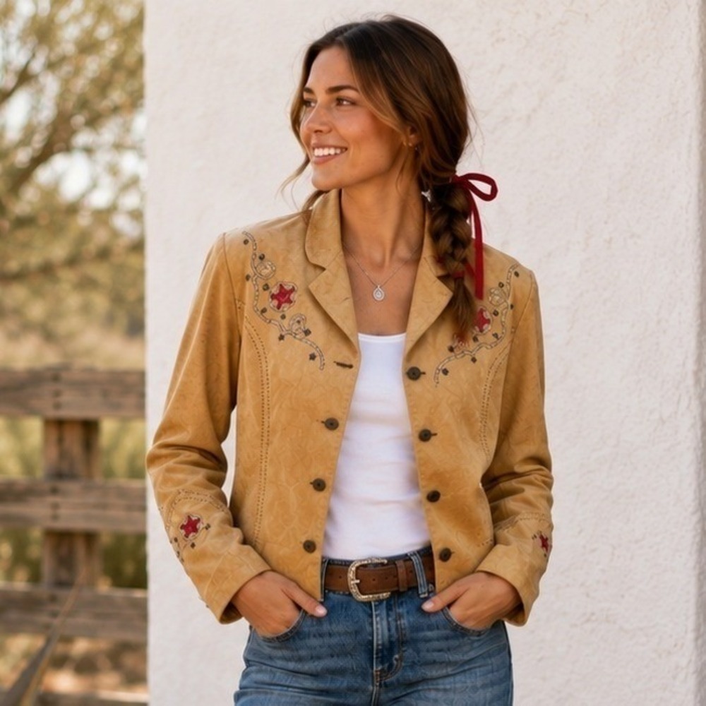 Panhandle Slim Womens Vtg Western Jacket S M Tan Faux Suede Embroidered Cowgirl